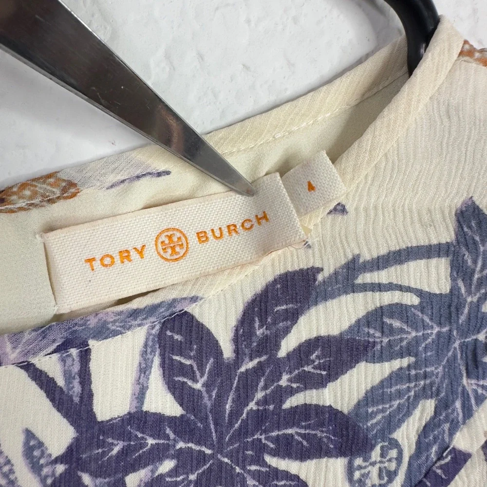 Tory Burch Shirt 4 Cream Silk Bird Floral Boho Cottagecore Artsy Romantic Luxury